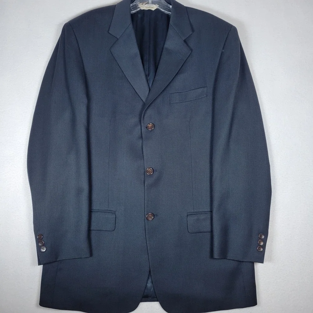 Pronto Uomo 100% Worsted Wool Blazer 40 Tall Blue Black 2 Button Made‎ in Canada